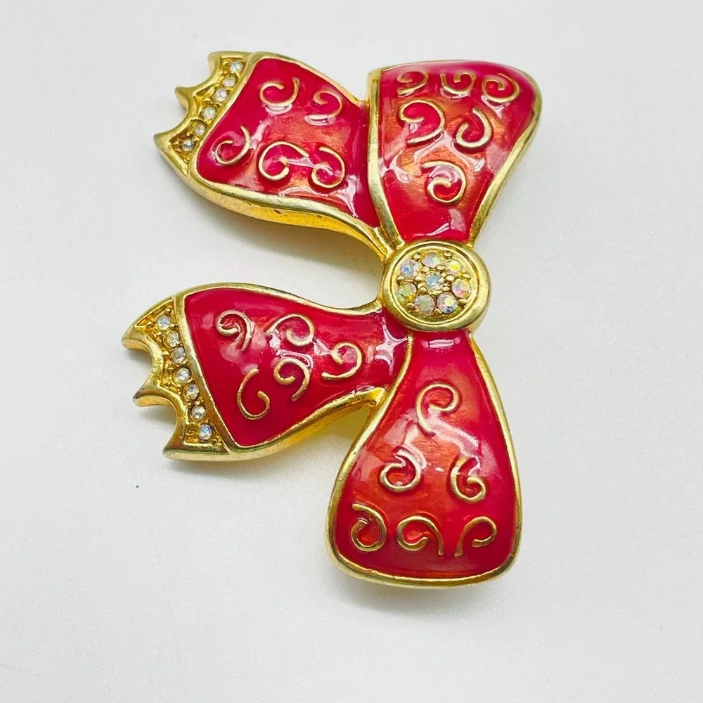Vintage Bow Brooch Pin Red Enamel Gold Tone Scroll Accent Rhinestone Center Gift